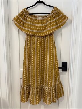 By Together Mustard Yellow Embroidered Dress long off shoulder